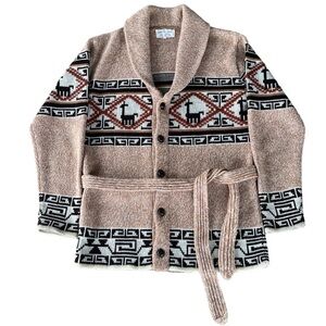 VTG Aztec Llama Knit Cardigan Tie Belt Big Lebowski Style Large 70s Vibe Unisex